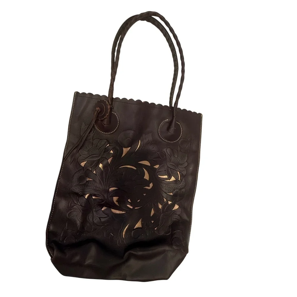 Patricia Nash Dark Brown Leather‎ Floral Cutout Scalloped Tote Bag Pink Lining